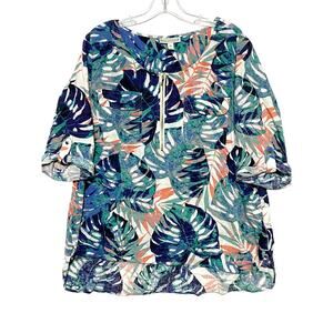 Dana Buchman Palm Tree Tropical Zip Front Blue Blouse Shirt Women XL Linen Blend